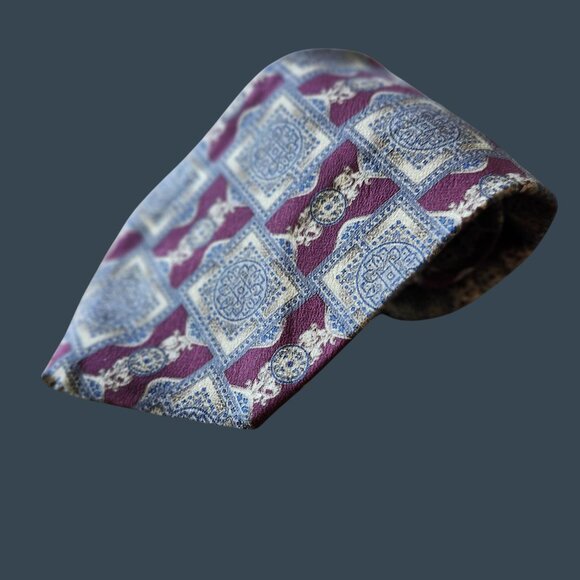Louis Feraud 100% Italian Silk Tie Geometric Pattern Burgundy & Gold - Picture 1 of 5